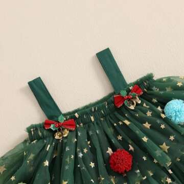 Toddler Girl Christmas Dress Star Sequin Layered Tulle Tutu Dress Pompom Embroidery Cake Smash Gift Photo Shoot 1-6Y (Green, 1-2 Years)