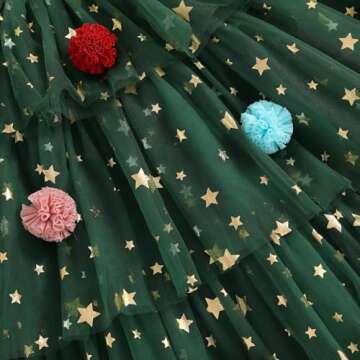 Toddler Girl Christmas Dress Star Sequin Layered Tulle Tutu Dress Pompom Embroidery Cake Smash Gift Photo Shoot 1-6Y (Green, 1-2 Years)