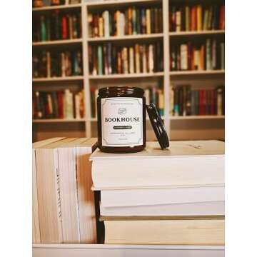 Bowtie Bookhouse Bookhouse Library Candle Lavender and Amber Scented 7.2 oz Soy Candle for Home and Gifts 8 oz Amber Glass Jar Handmade Made in the USA