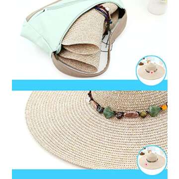MYSNKU Womens Big Bowknot Straw Hat Large Floppy Foldable Roll up Beach Cap Sun Hat Summer UV Protection Beach Cap (Beige)