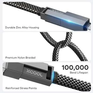 XCOOL USB C Cable, 4-in-1 USB-C Cable (6ft), 100W USB-C Charger Cable with Hook-and-Loop Fastener and Cable Management, USB-C Cable/Fast Charging for MacBook, iPad, iPhone, Samsung, Gray