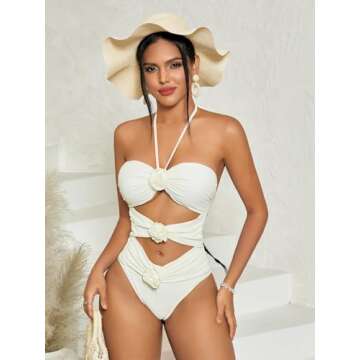 BEAUDRM Women's Halter Neck 3D Flower Decoration Sexy One-Piece Cut Out Swimsuit Bathing Suit Beige L