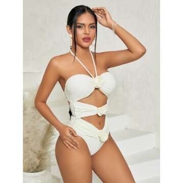 BEAUDRM Women's Halter Neck 3D Flower Decoration Sexy One-Piece Cut Out Swimsuit Bathing Suit Beige L