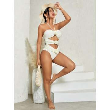 BEAUDRM Women's Halter Neck 3D Flower Decoration Sexy One-Piece Cut Out Swimsuit Bathing Suit Beige L