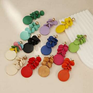 RUOFFETA Colorful Layered Wooden Dangle Earrings for Women