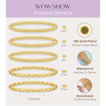 wowshow Gold Bracelets for Women 18K Gold Plated Gold Bracelet Stack Beaded Bracelets for Women Stretch Bead Ball Bracelet Set Stackable Gold Jewelry for Mother's Day Gifts Christmas Birthday 7.25INCH