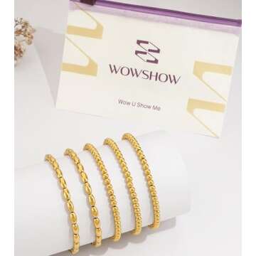 wowshow Gold Bracelets for Women 18K Gold Plated Gold Bracelet Stack Beaded Bracelets for Women Stretch Bead Ball Bracelet Set Stackable Gold Jewelry for Mother's Day Gifts Christmas Birthday 7.25INCH