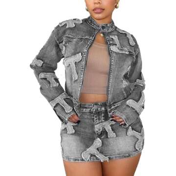 Molilove Women Fall 2 Piece outfits Skirt Sets Long Sleeve Denim Jacket Crop Top Mini Skirt Lounge Y...