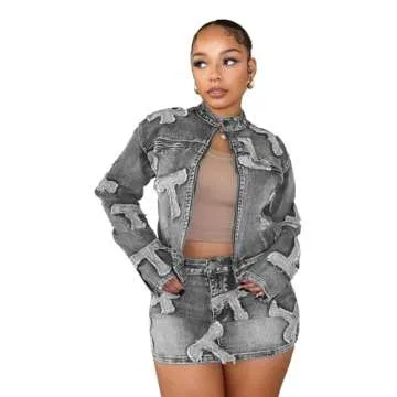 Molilove Women Fall 2 Piece outfits Skirt Sets Long Sleeve Denim Jacket Crop Top Mini Skirt Lounge Y2K Wear Tracksuit