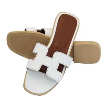 Women's Flat Sandals, Slip on Slides Summer Fall Shoes Cute Open Toe Slippers (White, Adult, Women, 10, Numeric, US Footwear Size System, Medium)