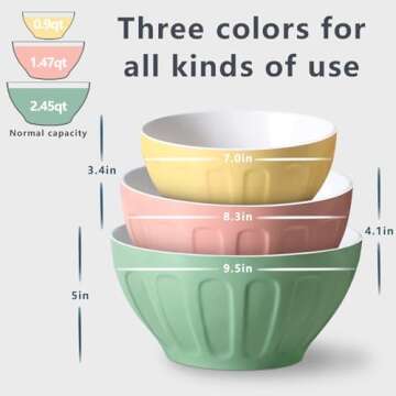 Lareina Ceramic Mixing Bowls for Kitchen, 3-Piece Large Colorful Serving Bowls, 3.13/1.68/1.18 Qt De...