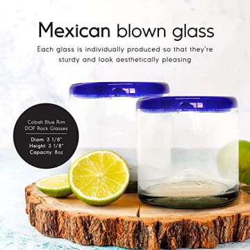 MexHandcraft Set of 6 Cobalt Blue Rim 8 oz DOF Rock Glasses - Handblown, Eco-Friendly