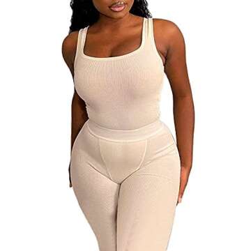 AYWA Casual Workout Sets - Stylish Ribbed Two Piece Outfit with High Waist Leggings for Women (Beige...
