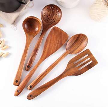 Wooden Spoons for Cooking, Tmkit Cooking Utensils Set of 6 Natural Teak Wooden Cooking Spatulas with Utensils Holder Comfort Grip Wooden Kitchen Utensils for Nonstick Cookware