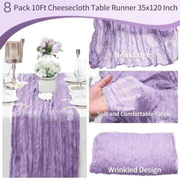 8 Pack Lavender Cheesecloth Table Runner 10Ft Gauze Cheese Cloth 35x120 Inch Boho Table Runner Romantic Table Runner Long Table Cover for Wedding Birthday Party Bridal Shower Baby Shower Picnic Easter