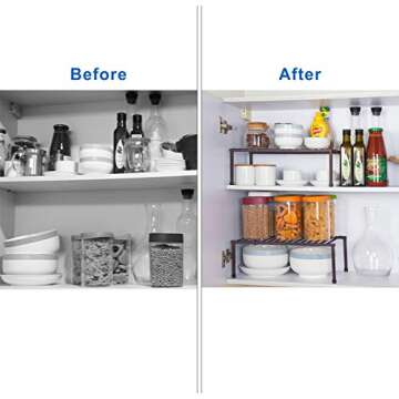 STORAGE MANIAC Set of 4 Expandable Kitchen Rack Wire Shelf Organizer Kitchen Organization Adjustable Metal Pantry Storage, Plate Dish Organizer for Cabinets Shelf Kitchen Counter Organizer, Brown