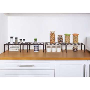 STORAGE MANIAC Set of 4 Expandable Kitchen Rack Wire Shelf Organizer Kitchen Organization Adjustable Metal Pantry Storage, Plate Dish Organizer for Cabinets Shelf Kitchen Counter Organizer, Brown