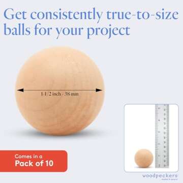1-1/2 inch Wooden Round Balls, Bag of 10 Unfinished Wood Round Balls, Hardwood Birch Sphere Orbs for Crafts and DIY Projects, Woodworking (1-1/2 inch Diameter) by Woodpeckers