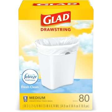 Glad Medium Kitchen Drawstring Trash Bags, 8 Gal, Fresh Clean Scent, 80 Ct (Package May Vary)
