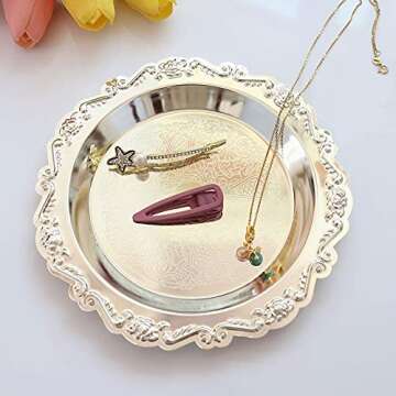 Small Round Jewelry Tray Jewelry Holder Organizer Dessert Plate Fruit Dish Ring Dish Organizer Holder Home Decor Wedding Gift for Perfume Candle Holiday Party (Silver, Small)