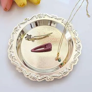 Small Round Jewelry Tray Jewelry Holder Organizer Dessert Plate Fruit Dish Ring Dish Organizer Holder Home Decor Wedding Gift for Perfume Candle Holiday Party (Silver, Small)