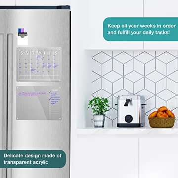 VIREOR® Acrylic Magnetic Calendar for Fridge - Set of 2 Dry Erase Boards with Calendar and Task List for Refrigerator - Magnetic Marker Holder, Eraser, and 6 Liquid Chalk Markers (16"x12"Inches)