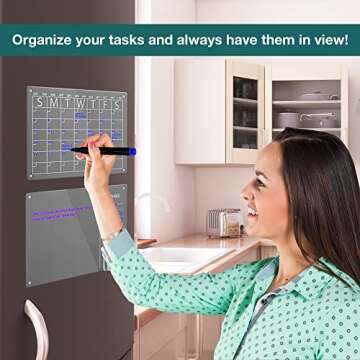 VIREOR® Acrylic Magnetic Calendar for Fridge - Set of 2 Dry Erase Boards with Calendar and Task List for Refrigerator - Magnetic Marker Holder, Eraser, and 6 Liquid Chalk Markers (16"x12"Inches)