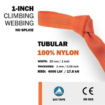 GM CLIMBING 1 inch Nylon Tubular Webbing Tape CE UIAA Certified 4000lb Heavy Duty for Climbing Rescu...