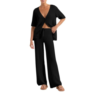 Imily Bela Women's Summer 2 Piece Swimsuit Cover up Crochet Knit Cardigan Tops Long Pants Set Bathin...