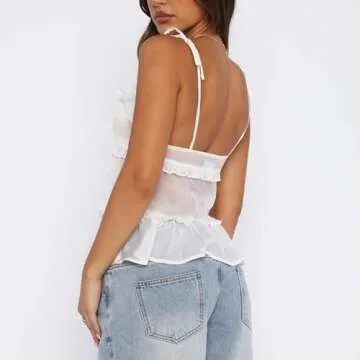 Women Tie Front Sheer Mesh Top Y2k Sexy Split Cami Tie-Shouder See Through Tank Summer Going Out Vest Tops (White, S)