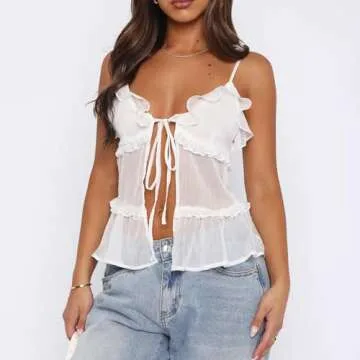 Women Tie Front Sheer Mesh Top Y2k Sexy Split Cami Tie-Shouder See Through Tank Summer Going Out Vest Tops (White, S)