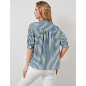 Ymejia Womens Short Puff Sleeve Striped Blouses Top V Neck Loose Fit Casual Summer Work Blouses Striped Shirt Blue Green