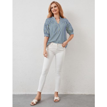 Ymejia Womens Short Puff Sleeve Striped Blouses Top V Neck Loose Fit Casual Summer Work Blouses Striped Shirt Blue Green