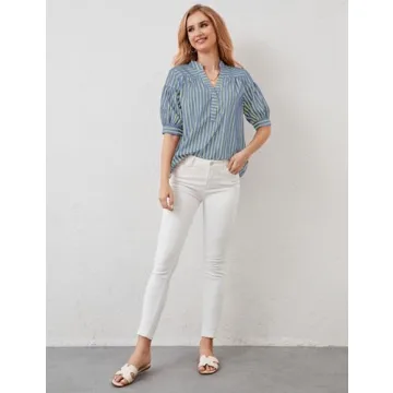 Ymejia Womens Short Puff Sleeve Striped Blouses Top V Neck Loose Fit Casual Summer Work Blouses Striped Shirt Blue Green