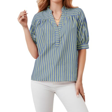 Ymejia Womens Short Puff Sleeve Striped Blouses Top V Neck Loose Fit Casual Summer Work Blouses Striped Shirt Blue Green