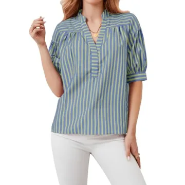 Ymejia Womens Short Puff Sleeve Striped Blouses Top V Neck Loose Fit Casual Summer Work Blouses Striped Shirt Blue Green