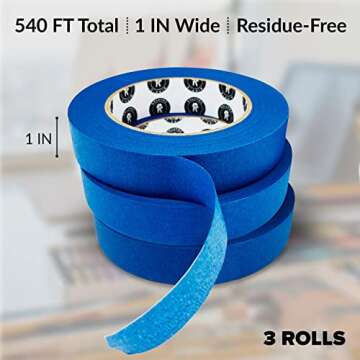 HIPPIE CRAFTER Blue Painters Tape 1 Inch Wide 3 Pack for Painting 1" Thick X 60 Yds Masking Removable Bulk Paint Pattern Walls 180 Yards Total