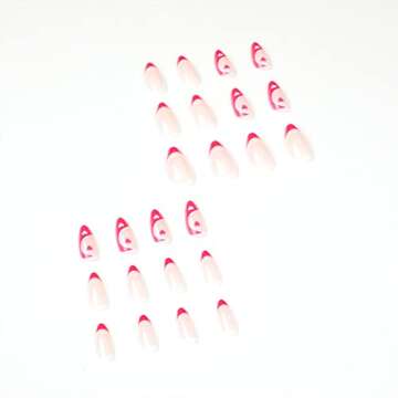 SINHOT Almond Press on Nails Medium Glossy Fake Nails Red French Stiletto False Nails with Heart Pri...