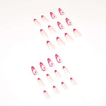 SINHOT Almond Press on Nails Medium Glossy Fake Nails Red French Stiletto False Nails with Heart Print Acrylic Nails for Women and Girls