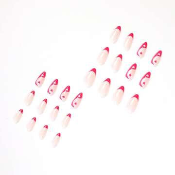 SINHOT Almond Press on Nails Medium Glossy Fake Nails Red French Stiletto False Nails with Heart Print Acrylic Nails for Women and Girls