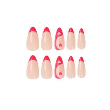 SINHOT Almond Press on Nails Medium Glossy Fake Nails Red French Stiletto False Nails with Heart Print Acrylic Nails for Women and Girls