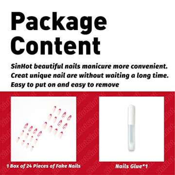 SINHOT Almond Press on Nails Medium Glossy Fake Nails Red French Stiletto False Nails with Heart Print Acrylic Nails for Women and Girls