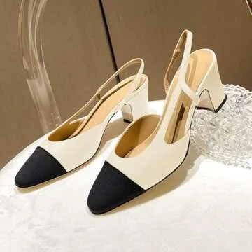 Jimishow Slingback Heels for Women Beige Two Tone Pumps Chunky Heel Closed Toe D’Orsay Sandals Cap Toe Quarter Strap 2 inches Block Heel Sexy Dress Pump Shoes Size 5-13 US