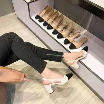 Jimishow Slingback Heels for Women Beige Two Tone Pumps Chunky Heel Closed Toe D’Orsay Sandals Cap Toe Quarter Strap 2 inches Block Heel Sexy Dress Pump Shoes Size 5-13 US