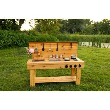 Noble Toys XL Cedar Outdoor Mud Kitchen with Backsplash and Stovetop for Toddlers and Kids | Pretend Play Toddler Table | Sensory Table | Outside Playset | Real Wooden Kitchens | Preschool Equipment