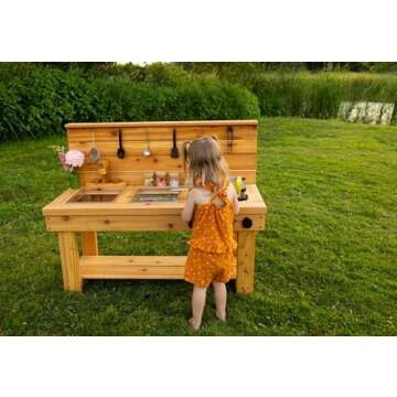 Noble Toys XL Cedar Outdoor Mud Kitchen with Backsplash and Stovetop for Toddlers and Kids | Pretend Play Toddler Table | Sensory Table | Outside Playset | Real Wooden Kitchens | Preschool Equipment