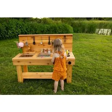 Noble Toys XL Cedar Outdoor Mud Kitchen with Backsplash and Stovetop for Toddlers and Kids | Pretend Play Toddler Table | Sensory Table | Outside Playset | Real Wooden Kitchens | Preschool Equipment