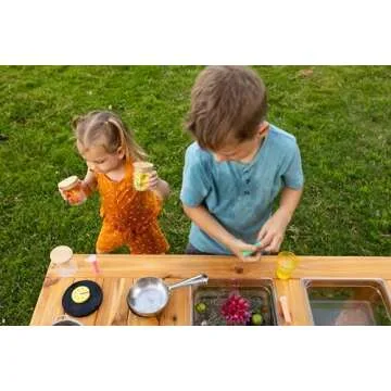 Noble Toys XL Cedar Outdoor Mud Kitchen with Backsplash and Stovetop for Toddlers and Kids | Pretend Play Toddler Table | Sensory Table | Outside Playset | Real Wooden Kitchens | Preschool Equipment