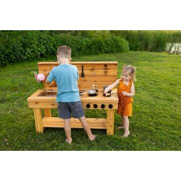 Noble Toys XL Cedar Outdoor Mud Kitchen with Backsplash and Stovetop for Toddlers and Kids | Pretend Play Toddler Table | Sensory Table | Outside Playset | Real Wooden Kitchens | Preschool Equipment