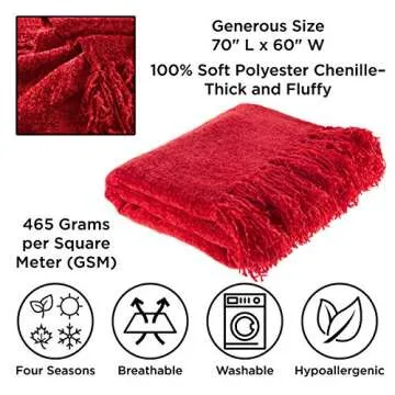 Chenille Throw Blanket- For Couch, Home Décor, Bed, Sofa & Chair-Oversized 60” x 70”- Lightweight, 5” Fringe, Ultra-Soft & Shiny in Lagoon Teal by LHC, Vineyard Red